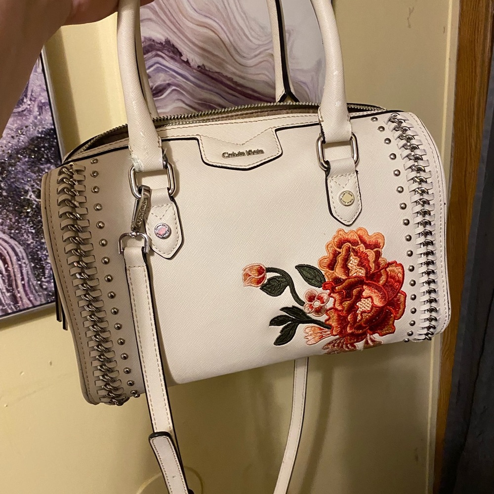 Calvin Klein White and Orange Satchel with Floral